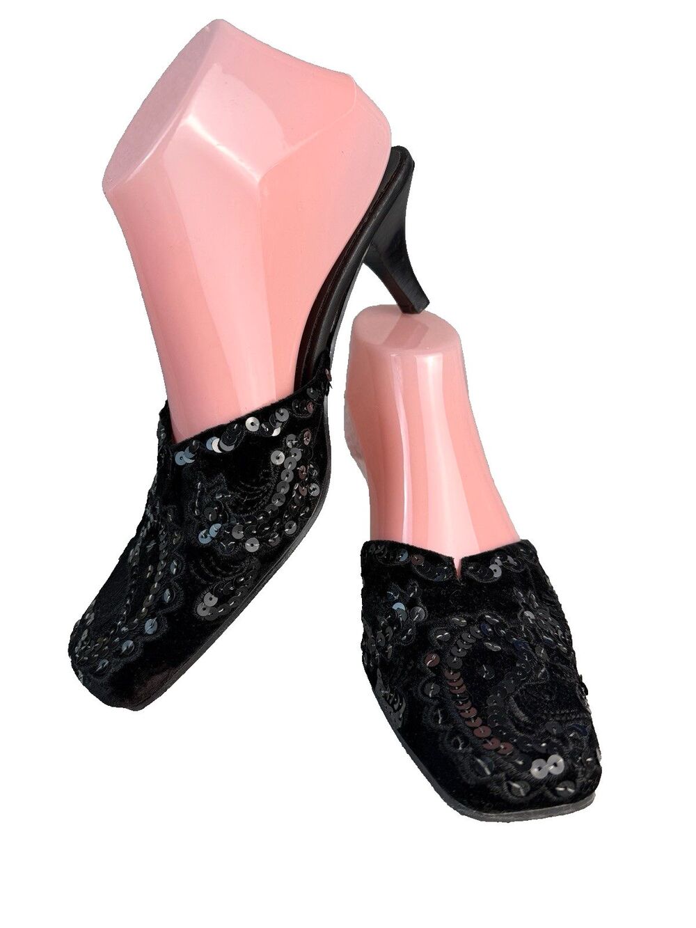 VTG Y2K Chico's Seville Kitten Heel Shoes Sz 8 Black Velvet Sequin Mules Holiday